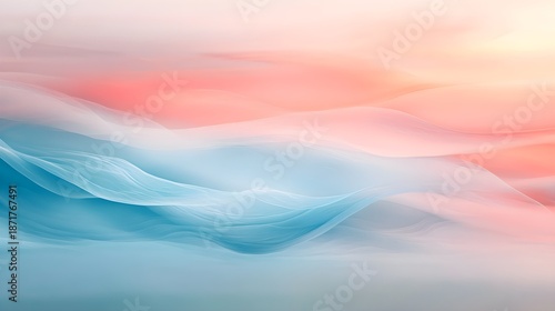 Abstract visualization of layered ethereal waves blending soft coral pink hues with gentle cool turquoise blues creating a serene background texture