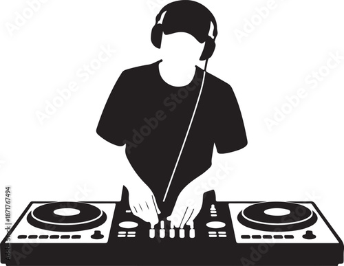 Silhouette of DJ mixing music on turntables. Clipart image isolated on background.