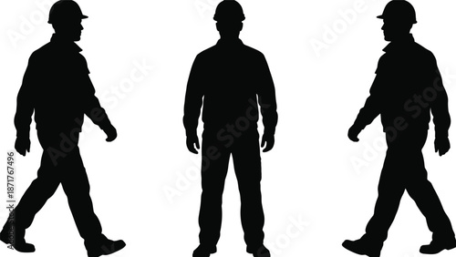 Construction worker silhouette set showing standing and walking poses wearing safety helmets isolated black figures on white background