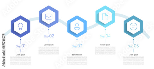 5-step hexagon infographics use interconnected hexagonal shapes to visually represent processes, timelines, or strategies in a modern, engaging way. These designs work well for presentations.