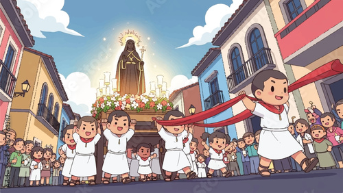 Religious procession with children carrying a saint statue.