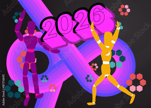 Retro 70s Background with 2026 text. Groovy wooden puppet 1970s art template. Minimalistic Vintage design poster. Old-fashioned color artwork.