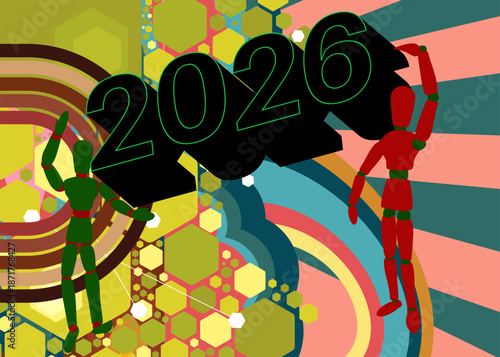 Retro 70s Background with 2026 text. Groovy wooden puppet 1970s art template. Minimalistic Vintage design poster. Old-fashioned color artwork.