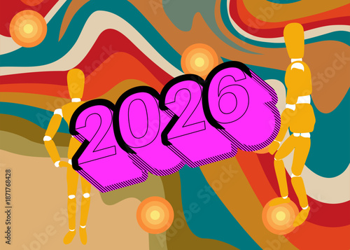 Retro 70s Background with 2026 text. Groovy wooden puppet 1970s art template. Minimalistic Vintage design poster. Old-fashioned color artwork.