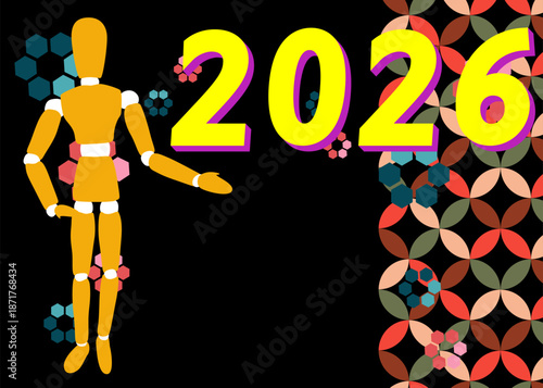 Retro 70s Background with 2026 text. Groovy wooden puppet 1970s art template. Minimalistic Vintage design poster. Old-fashioned color artwork.