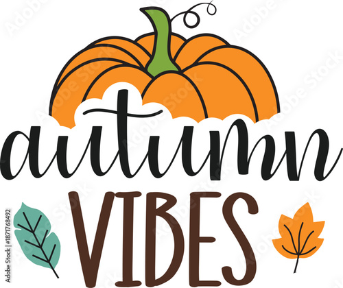 Autumn Vibes Pumpkin Illustration with Leaves