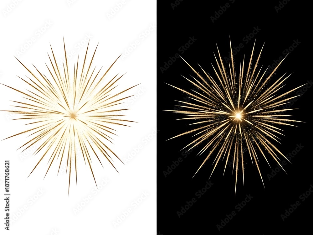 Fototapeta premium Golden Sparkler Burst and Starburst Light Effect Set on Black and White Backgrounds