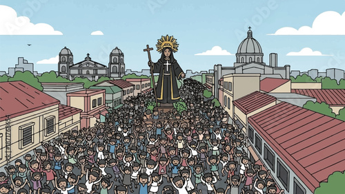 Mass religious procession illustration featuring a large saint statue.