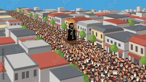 Massive crowd in a religious procession carrying a dark saint statue.