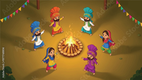 Happy lohri festival celebration with dancing around a bonfire.