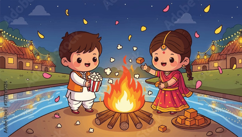 Happy children celebrating lohri festival around a bonfire.