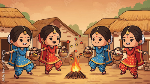 Cute cartoon girls celebrate indian festival around a small bonfire.