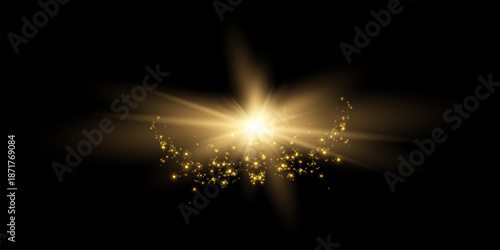 Star burst with sparkles. Light effect. Gold glitter texture.