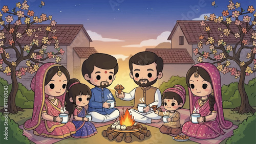 Cute indian family enjoying sweets around a bonfire at night.