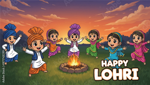 Happy lohri celebration with dancing kids and bonfire at sunset.