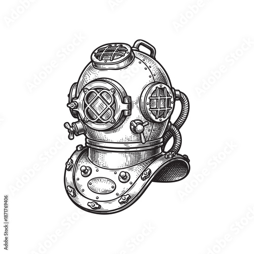 Vintage Deep Sea Diving Helmet Engraving Illustration