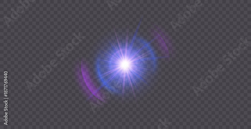 Light effect. Abstract purple star flash of light and laser beams with glitter. Isolated on transparent background. Art and web design vector