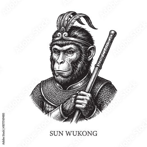 Fotografija Sun Wukong Monkey King Engraved Illustration