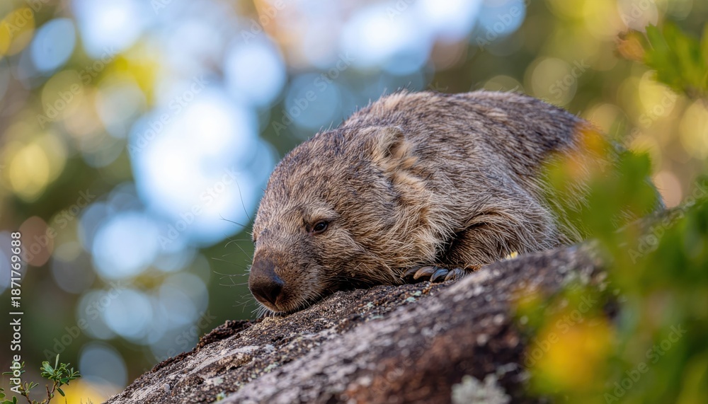 Obraz premium Wombat Resting Comfortably Cozy marsupial animal napping on a boulder in natural habitat; nature photography, wildlife, outdoors, daytime, close-up