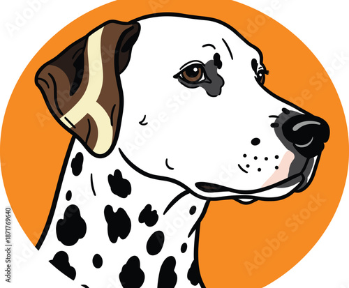 Stylized Dalmatian dog profile with black spots and brown ear on orange circle background, clean graphic pet breed illustration