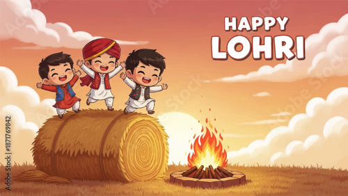 Happy lohri festival celebration with joyful cartoon children.