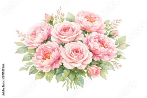 Pink watercolor flower bouquet combining roses and peonies, creating a romantic floral arrangement with a transparent background