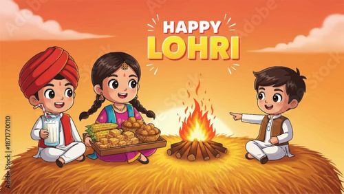 Happy lohri festival celebration with cartoon kids and bonfire.