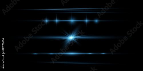 White horizontal lens flares pack. Laser beams, horizontal light rays. Beautiful light flares.
