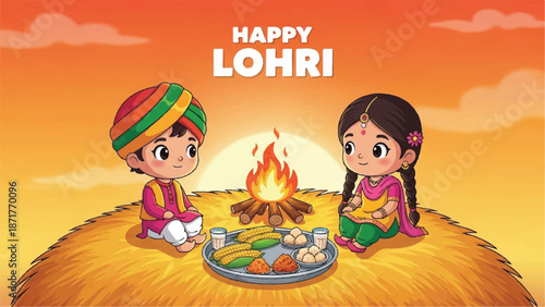 Happy lohri celebration with cartoon children and bonfire ritual.