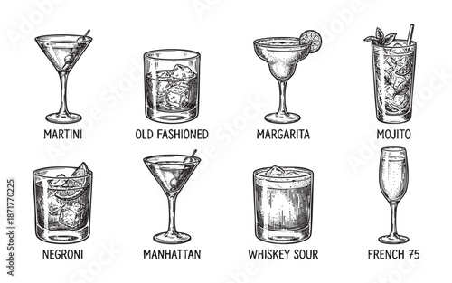 Classic Cocktails with Names engraving vector illustration