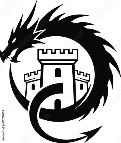 Stylized Dragon Silhouette Encircling Medieval Castle with Battlements and Gate, Bold Contrast, One-Panel Fantasy Protection Symbol Vector Illustration