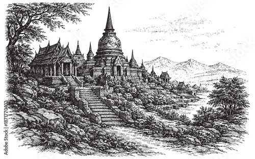 Traditional Thai Temple Complex with a Large Chedi