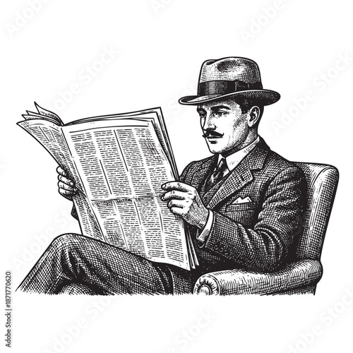 Retro Gentleman Reading Newspaper Vintage Engraving of Man in Suit and Fedora
