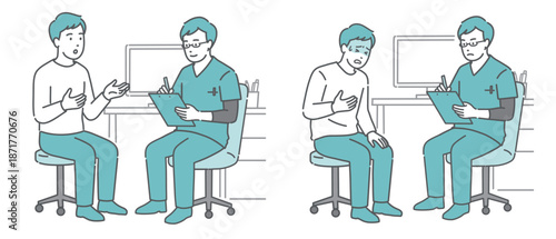 問診と体調不良の男性患者セット（男性医師・スクラブ）