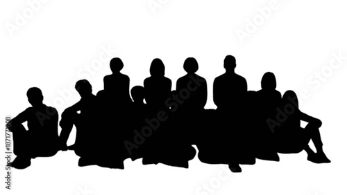 A group of diverse individuals presented as stark black silhouettes against a white backdrop