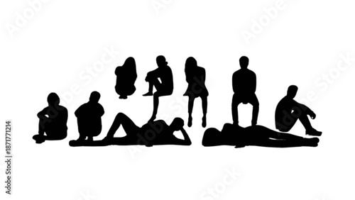 Silhouettes of people in various relaxed and casual sitting and lying postures on white background