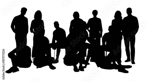Silhouettes of a diverse group of people in various standing and sitting poses against a white background