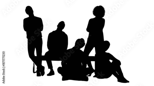 A diverse group of people in various relaxed poses depicted as black silhouettes