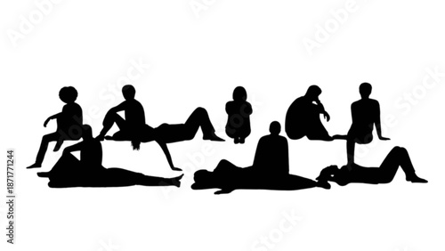 A diverse group of people silhouettes in various relaxed and casual sitting and lying postures