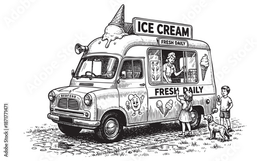 Ice Cream Truck with Children and Dog, Hand-Drawn Pen and Ink Sketch, Black and White Vector Illustration