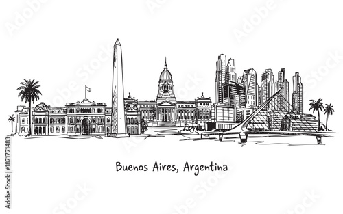 Buenos Aires City Skyline with Obelisk and Puente de la Mujer Bridge
