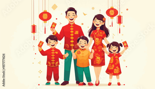 vector of a family in Chinese New Year clothes smiling holding an red envelope