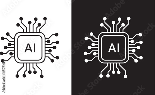 AI chip symbol with neural network connections on a black and white background
