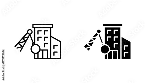Demolition icon set. Demolition crane symbol with construction vector illustration on white background