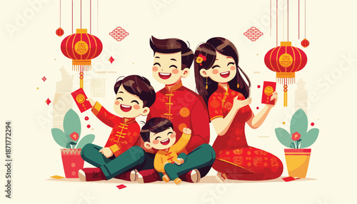 vector of a family in Chinese New Year clothes smiling holding an red envelope