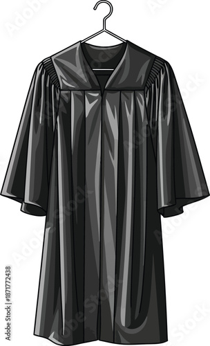 Black judicial robe on a hanger formal legal attire for court proceedings isolated on white background for legal concepts