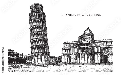 Leaning Tower of Pisa and Cathedral Italy Historic Landmark Engraving