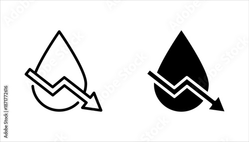 Low water level icon set. Droplet with arrow down symbol. vector illustration on white background