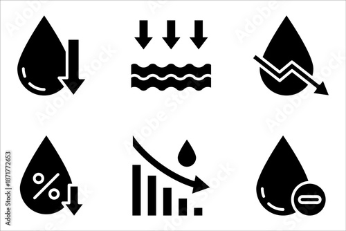 Low water level icon set. Droplet with arrow down symbol. vector illustration on white background