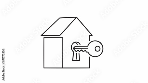 House key entering lock icon simple line drawing.